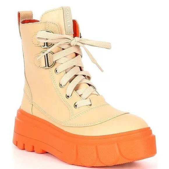9.5 - Sorel Tan Orange Platform Lace Up Caribou X Waterproof Combat Boots 0114KE - Picture 3 of 8